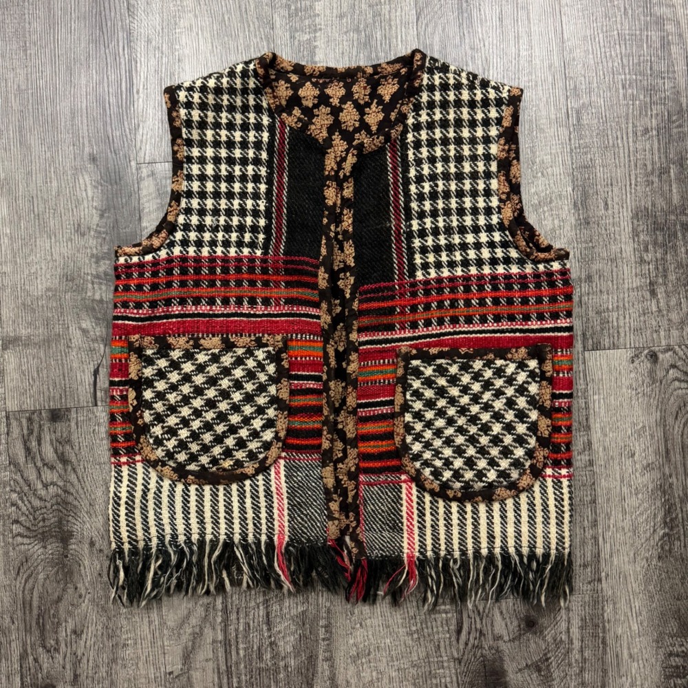 Vintage Southwestern Wool Blend Fringe Vest Houndstooth Striped Women's S/ M